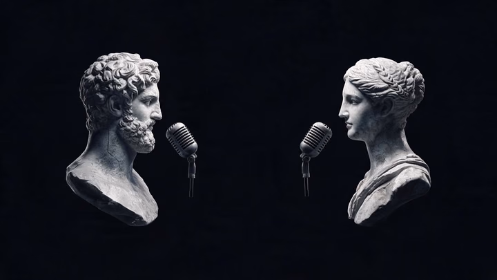 Two marble busts in conversation across studio microphones